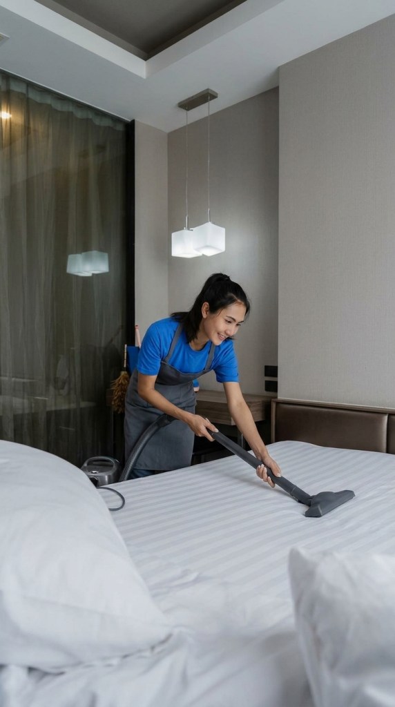 Missa Clean cleaner making a bed during an Airbnb turnover cleaning in Boulder, CO